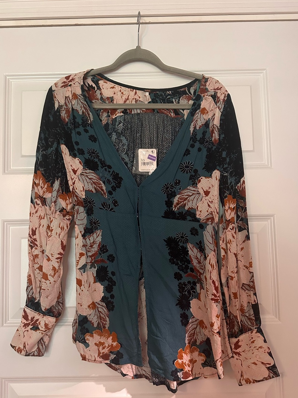 Free People Teal Floral V-Neck Blouse with Blush and Rust Accents